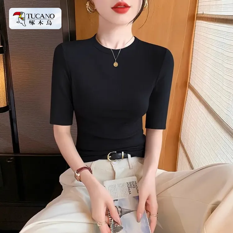 拉夏贝尔法式修身显瘦复古中袖打底衫简约百搭女士五分袖上衣T恤