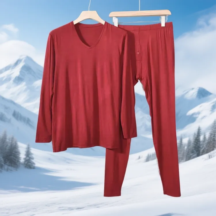 特价福利美雅碧男士本命年酒红色V领保暖套装大豆蛋白蚕丝蓄热