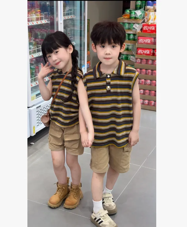 【兄妹款】女童夏季新款套装洋气复古条纹背心女宝宝工装短裤两件套