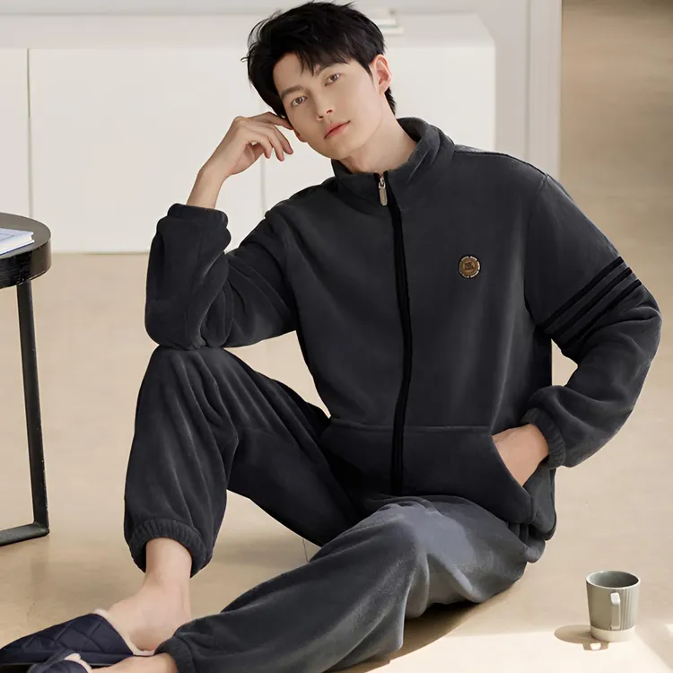 男款睡衣秋冬季加厚加绒珊瑚绒冬天男士法兰绒拉链冬款可外穿套装