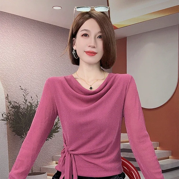 秋季洋气减龄妈妈装堆堆领纯色长袖T恤女遮肉显瘦系带气质打底衫