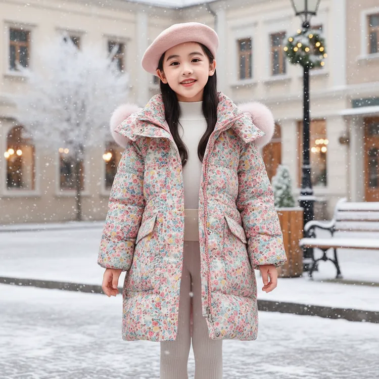 儿童中长款羽绒服女童2025新款洋气碎花外套冬季加厚保暖中大童装