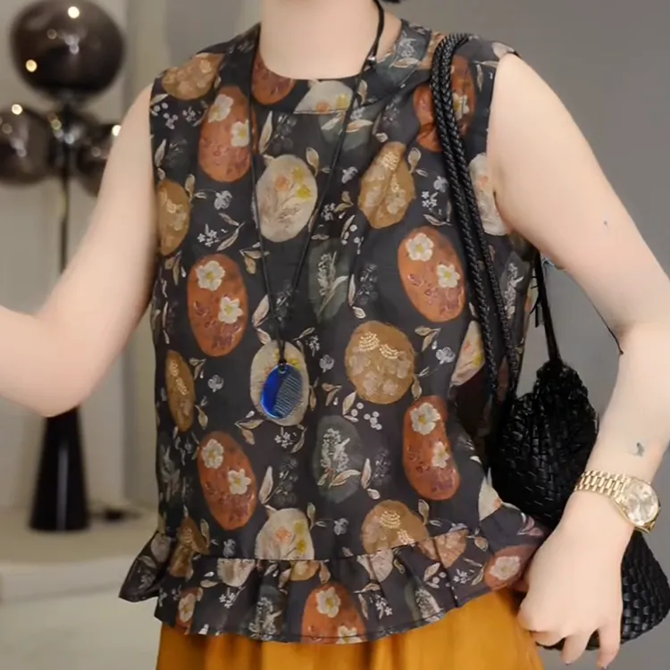 【花镜】2025夏季新中式复古印花拼接褶皱下摆百搭上衣LK2504479