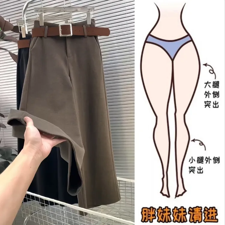 Aimeerosa/艾洛莎秋季新款毛呢阔腿休闲裤女遮胯腿粗显瘦拖地长裤
