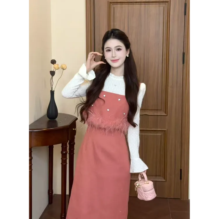 LiLi李李家【南法甜莓】法式假两件高级感拼接粉色连衣裙XMZH9703