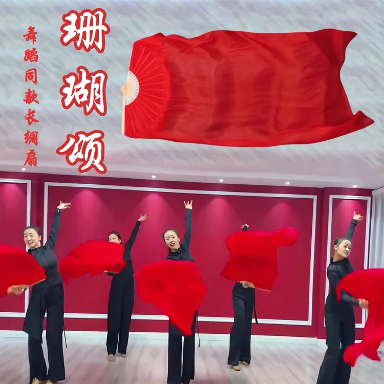 舞蹈扇子高先玉珊瑚颂扇子真丝长飘纯大红古典舞长绸扇跳舞专用