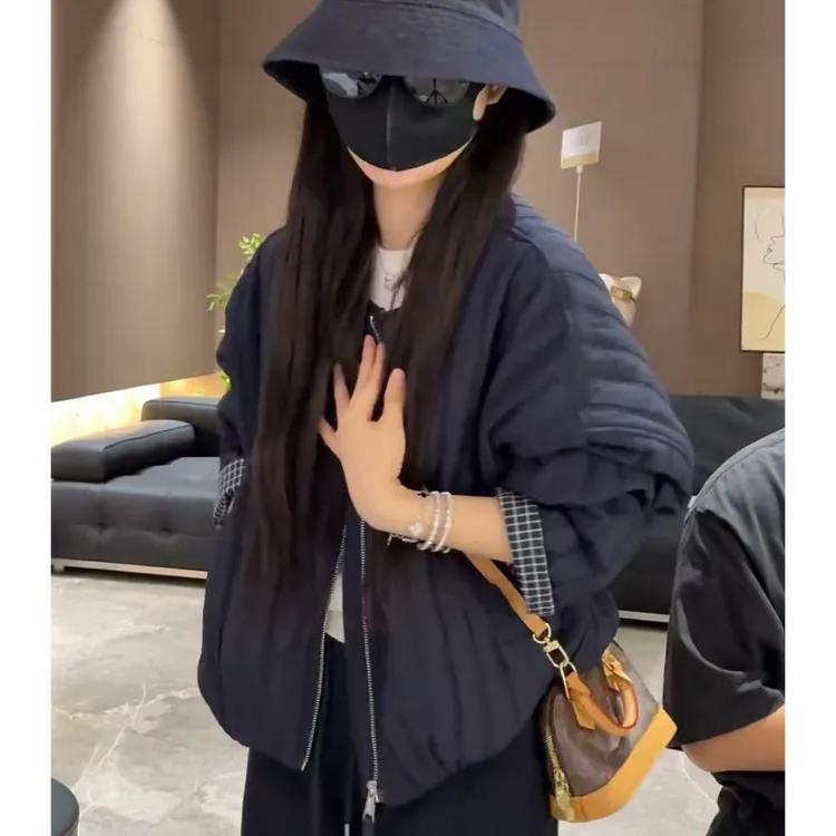 宿慕SUMU撞色短款薄棉外套2025秋冬新款格子厚款休闲小雨女装1836