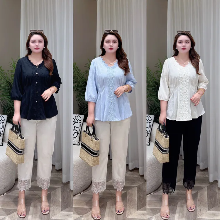 【上新现货上衣】PDM22421夏季新款时尚洋气蕾丝拼接显瘦大码女装