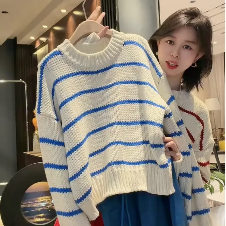 慵懒风撞色条纹针织衫女春季新款小众设计感宽松显瘦休闲长袖毛衣