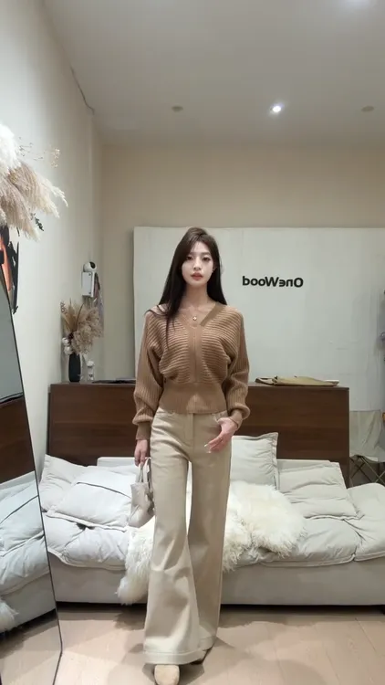 2025秋季新款韩系软糯掐腰短慵懒风V领长袖针织衫高腰休闲裤套装