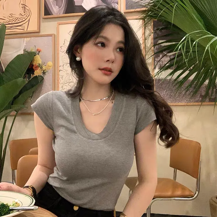门店24&9！沙漏T恤」莱赛尔醋酸桑蚕丝U领气质显瘦短袖上衣女C22714