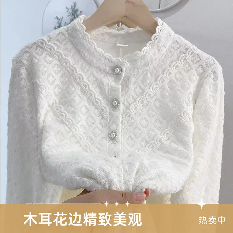 木耳领立领网纱蕾丝打底衫加绒衬衫宽松显瘦遮肉减龄内搭上衣衬衣