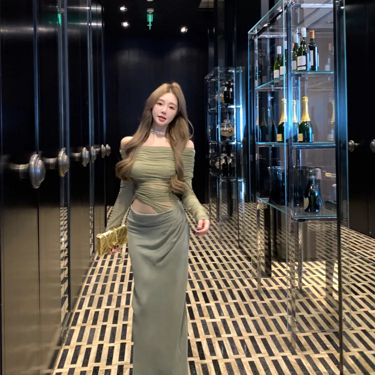 辣妹性感气质网纱露腰一字肩连衣裙小众设计感修身显瘦微透长裙