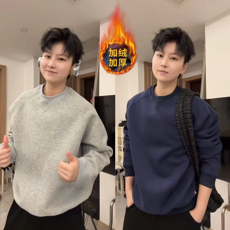 秋冬加绒加厚套头纯色卫衣男女同款宽松短宽boxy版型休闲百搭上衣