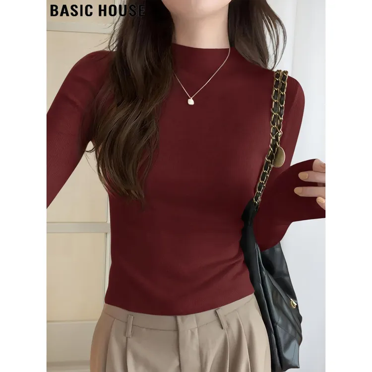 Basic House/百家好安可拉红半高领长袖针织衫女2025秋冬内搭毛衣