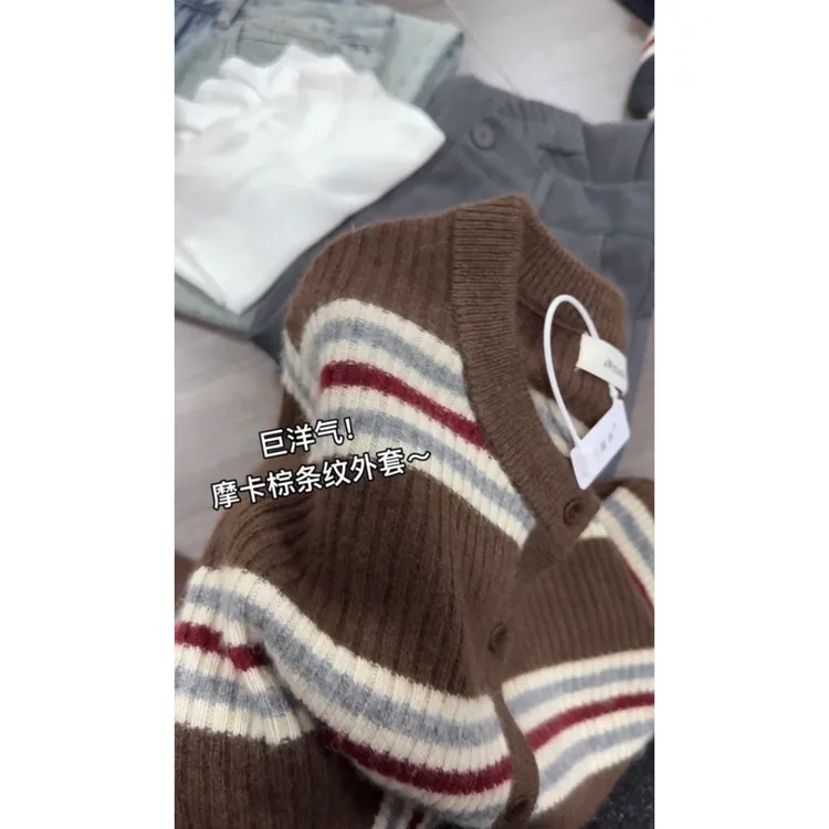 3039【摩卡棕条纹开衫】新款气质毛衣外套宽松女士上衣