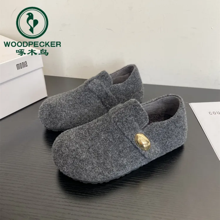 啄木鸟内增高复古勃肯鞋女全包2025秋冬新款厚底一脚蹬毛呢单鞋