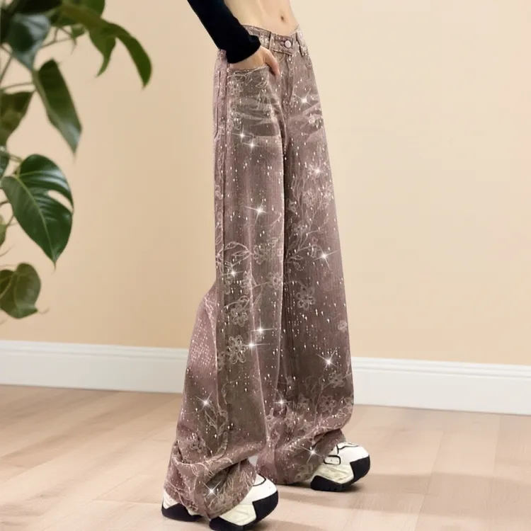 美式复古满天星烫钻印花水洗牛仔裤女秋季高腰宽松显瘦阔腿拖地裤