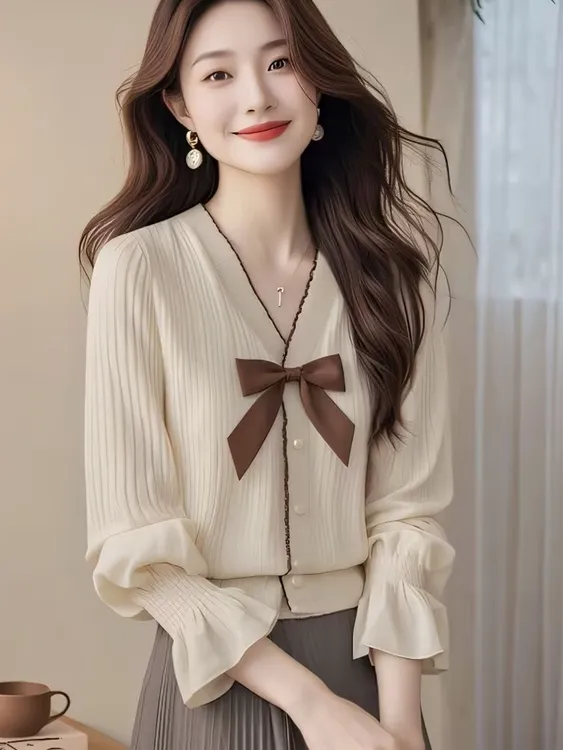 2025秋冬新款小香风V领蝴蝶结针织开衫毛衣甜美宽松显瘦上衣女装