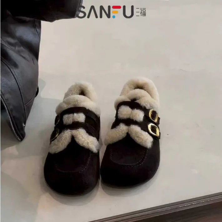 三福复古厚底毛毛鞋皮带扣一脚蹬今年冬季外穿加绒包头勃肯鞋女鞋