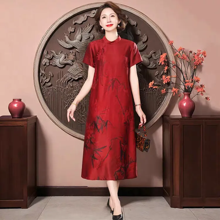 0613常规大码A字裙中长款植物花卉连衣裙旗袍夏季中国风红色
