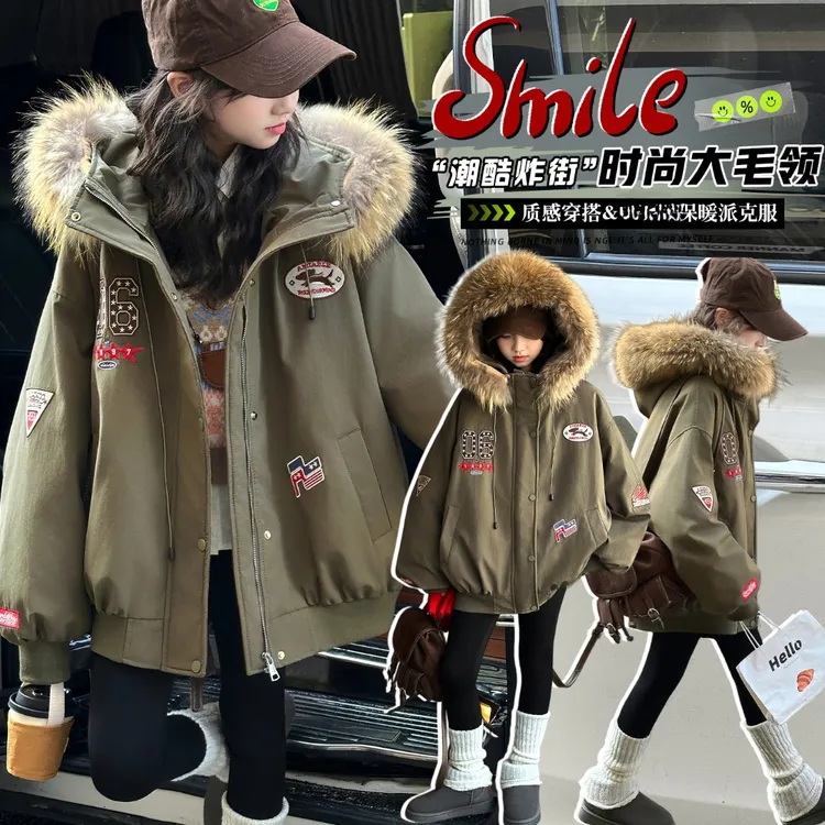 女童冬季加绒派克服2025新款爆款中大童潮酷休闲加厚棉服连帽外套