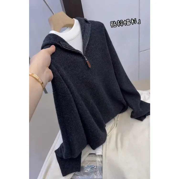 时尚百搭复古高端连帽半拉链毛衣女秋装新款加厚保暖慵懒针织衫
