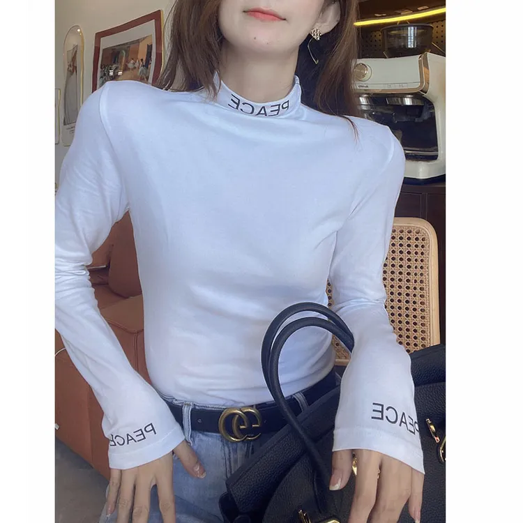 半高领长袖打底衫女白色纯棉正肩T恤字母修身外套内搭气质上衣黑