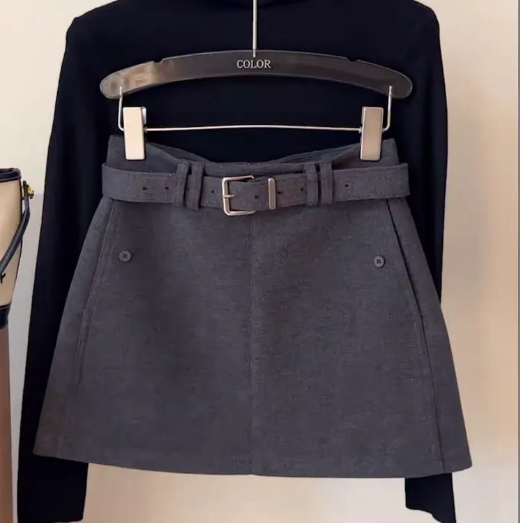 毛呢A型高腰O型显瘦短裙少女士风半身裙加厚A字半身裙黑色包臀裙