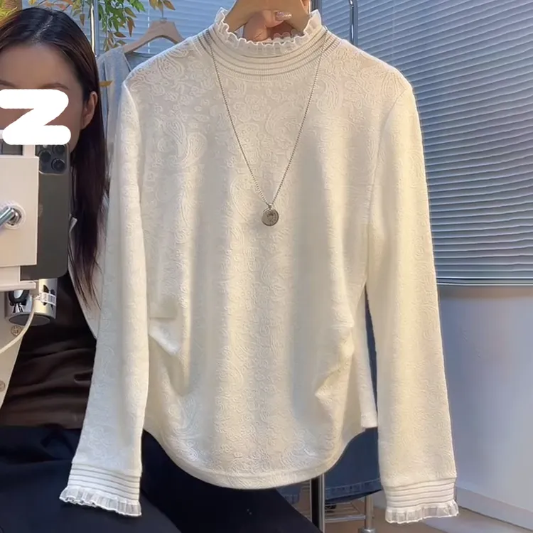 蕾丝木耳边立领提花上衣女2025秋冬新款小众设计感捏褶修身打底衫