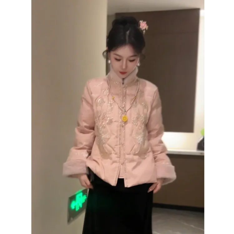 2025新中式高端白鸭羽绒服女气质百搭外套加厚重工钉珠亮片立领