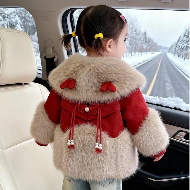 女童中国风纯色方领中长款棉袄韩版冬款毛毛领秋冬加绒外套加厚潮