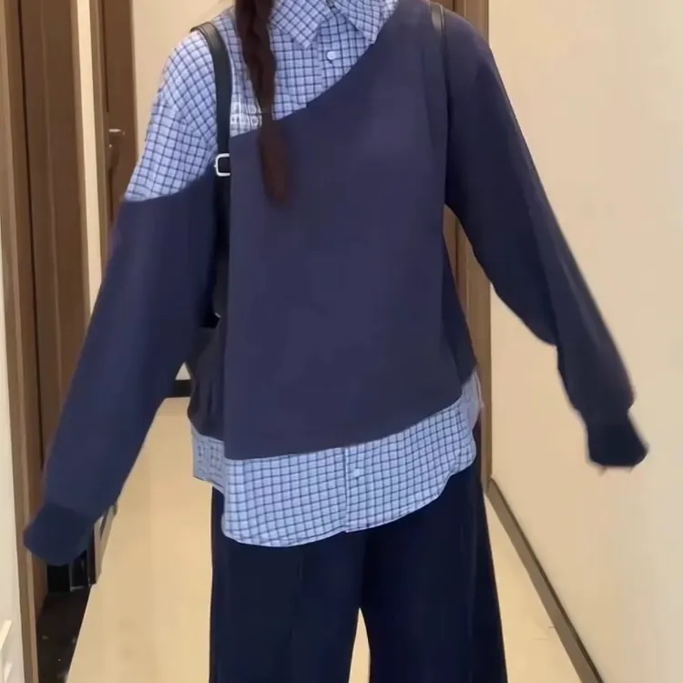 韩版拼接polo领格子假两件卫衣女春秋学院风高级感开春上衣