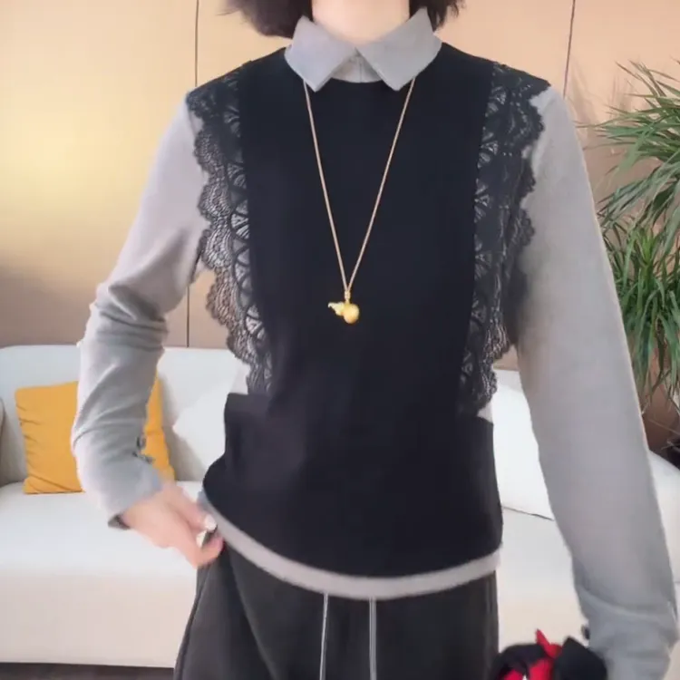 拼色花边衬衫领双面加绒衬衣保暖显瘦休闲女士上衣LK2508128
