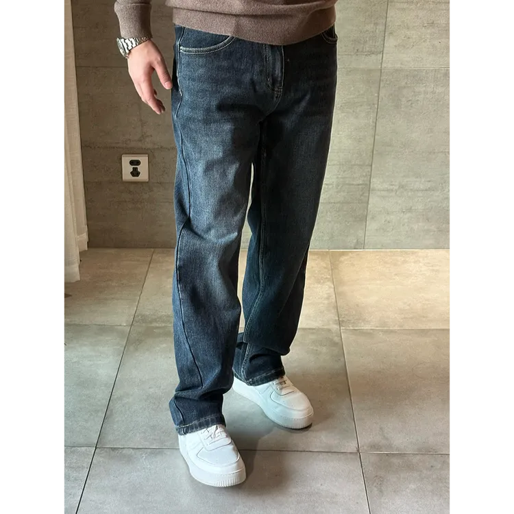 秋冬男款直筒微阔水洗加厚深灰蓝牛仔裤直筒宽松中腿裤阔腿裤