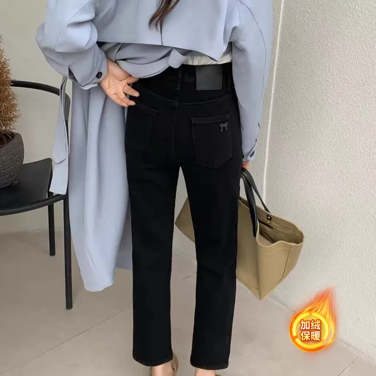 2025年秋冬烟管直筒黑色牛仔裤弹力显瘦小个子九分百搭休闲法棍裤