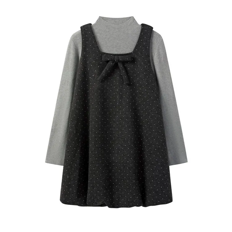 羊城故事-灰色波点蝴蝶结连衣裙女冬季新款甜美感9811狂欢季好物