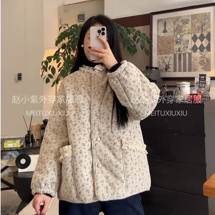 米白色碎花领子带花边领睡衣家居服三层加绒加厚休闲宽松韩版