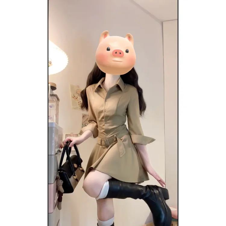 大码女装早秋气质收腰显瘦系带修身衬衫连衣裙洋气法式百褶A字裙