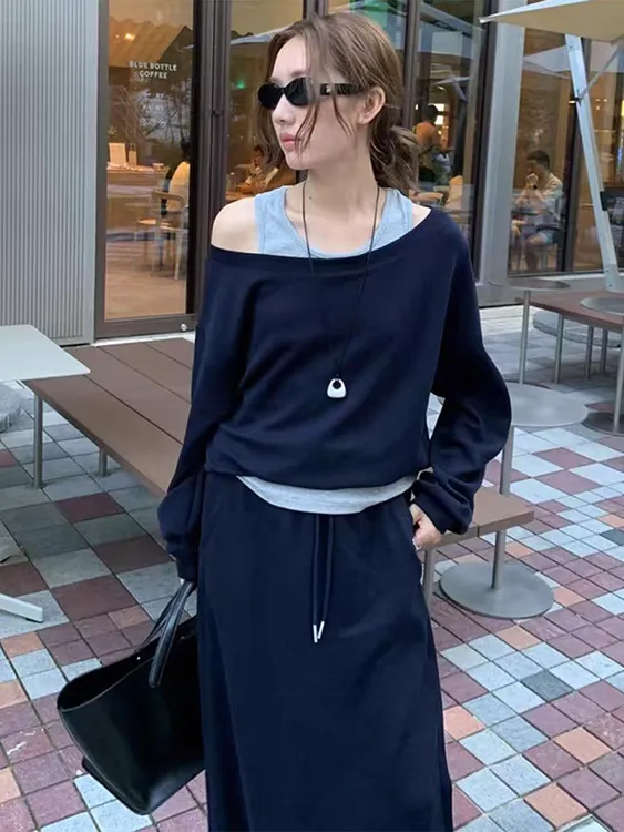 时尚套装裙女假两件秋季韩版简约显瘦小众设计感卫衣半身裙两件套