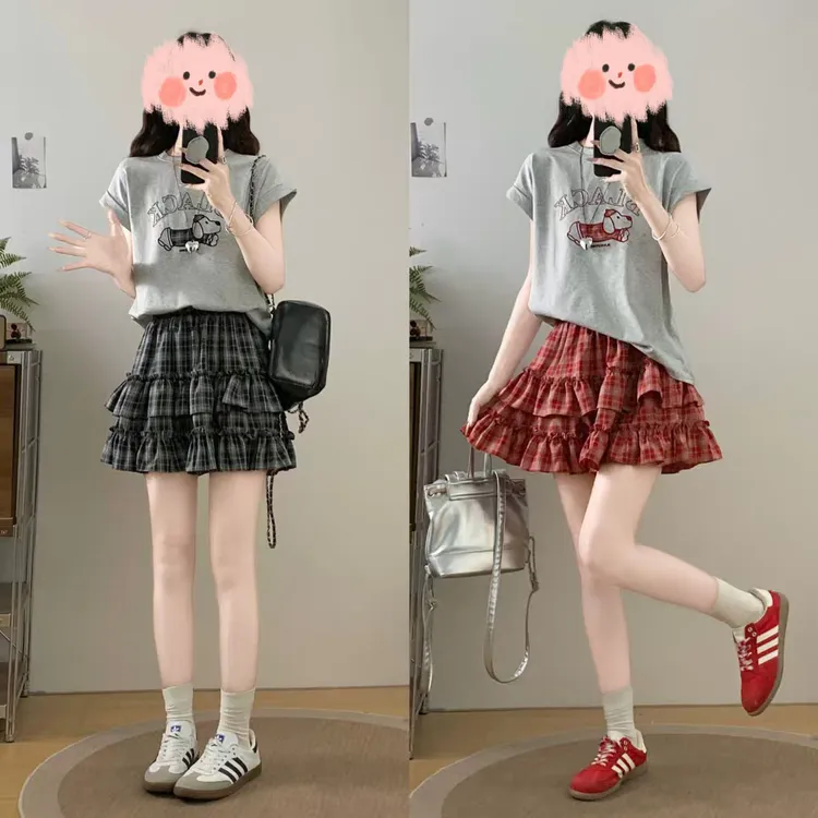大码微胖卡通腊肠狗短袖T恤蛋糕格子短裙两件套5886#