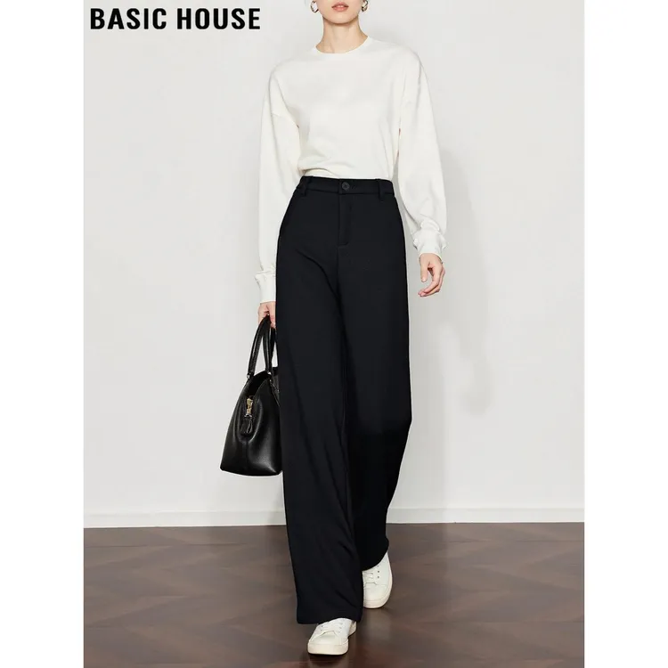 Basic House/百家好通勤黑色西装直筒裤女2025秋冬高腰显瘦阔腿裤