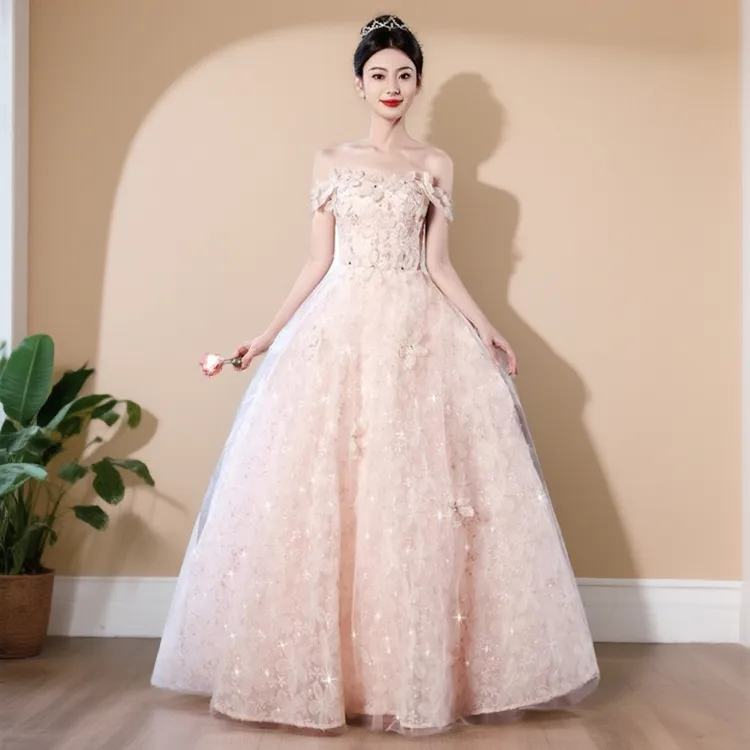 粉色吊带花朵森系晚礼服订婚礼服敬酒服轻奢主持人年会生日连衣裙