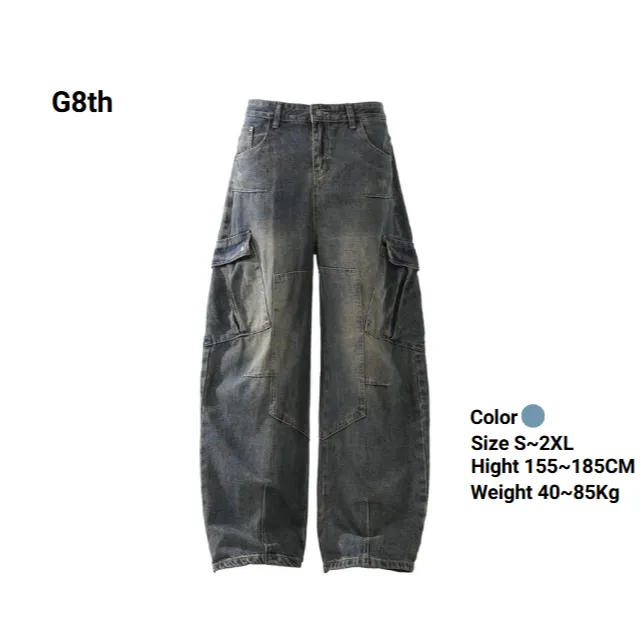 G8th 春夏美式大码多口袋工装牛仔弯刀裤男女同款休闲阔腿长裤
