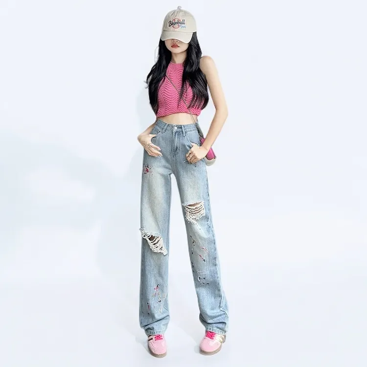 2273#复古蓝刺绣破洞牛仔裤女新款绣花高腰显瘦阔腿垂感直筒裤