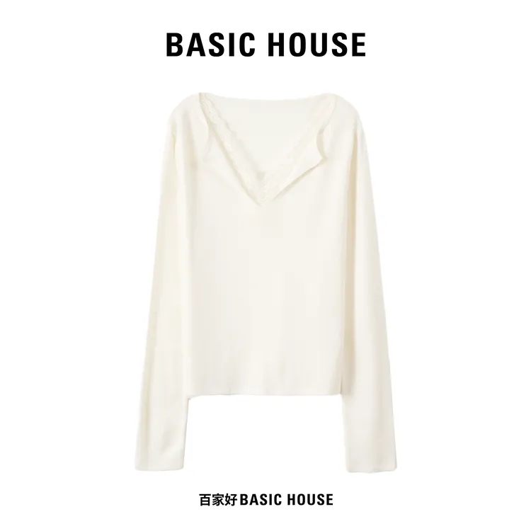 Basic House/百家好2025秋季修身气质拼接蕾丝百搭针织衫L962 XX