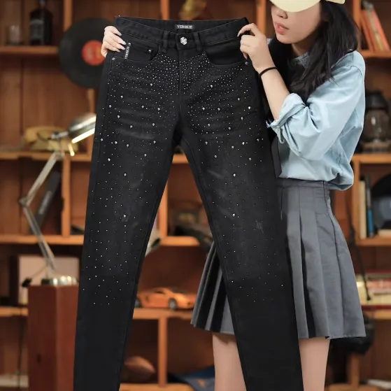 2025秋冬上新款男士高端烫钻欧货黑色牛仔裤修身弹力潮牌百搭时尚