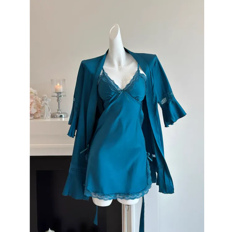 【夜莺蓝羽】法式纯欲吊带睡裙女带胸垫性感蕾丝御姐辣妹家居服套装