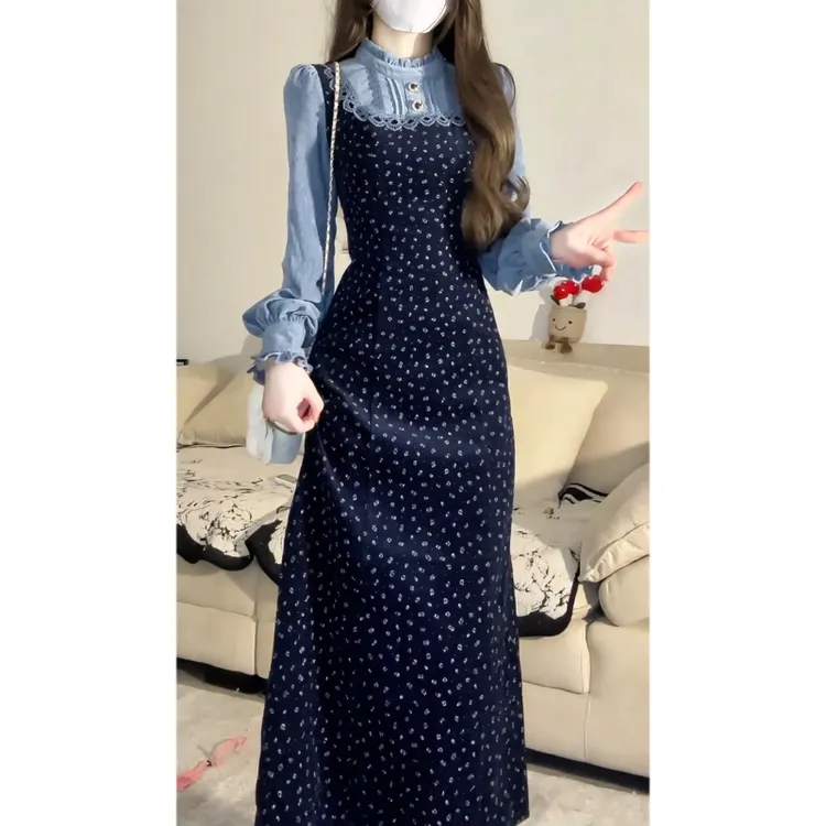 大码【海兰花】秋冬新款法式茶歇复古蓝色碎花连衣裙假两件拼接长裙