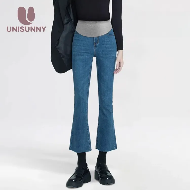 unisunny孕妇裤子春秋季外穿时尚微喇叭裤孕期托腹时尚九分牛仔裤
